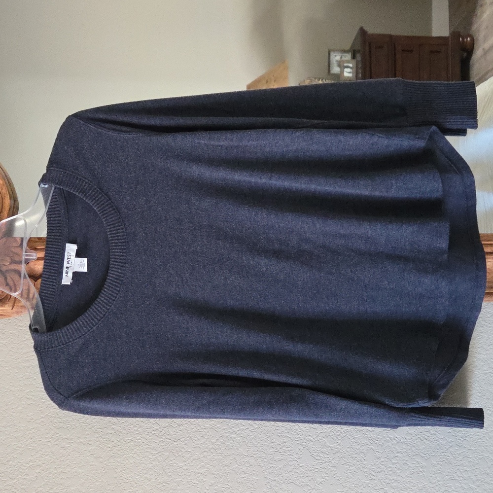 Nine West Blue Soft Knit Rib Neck Long Sleeve Top - Picture 3 of 4